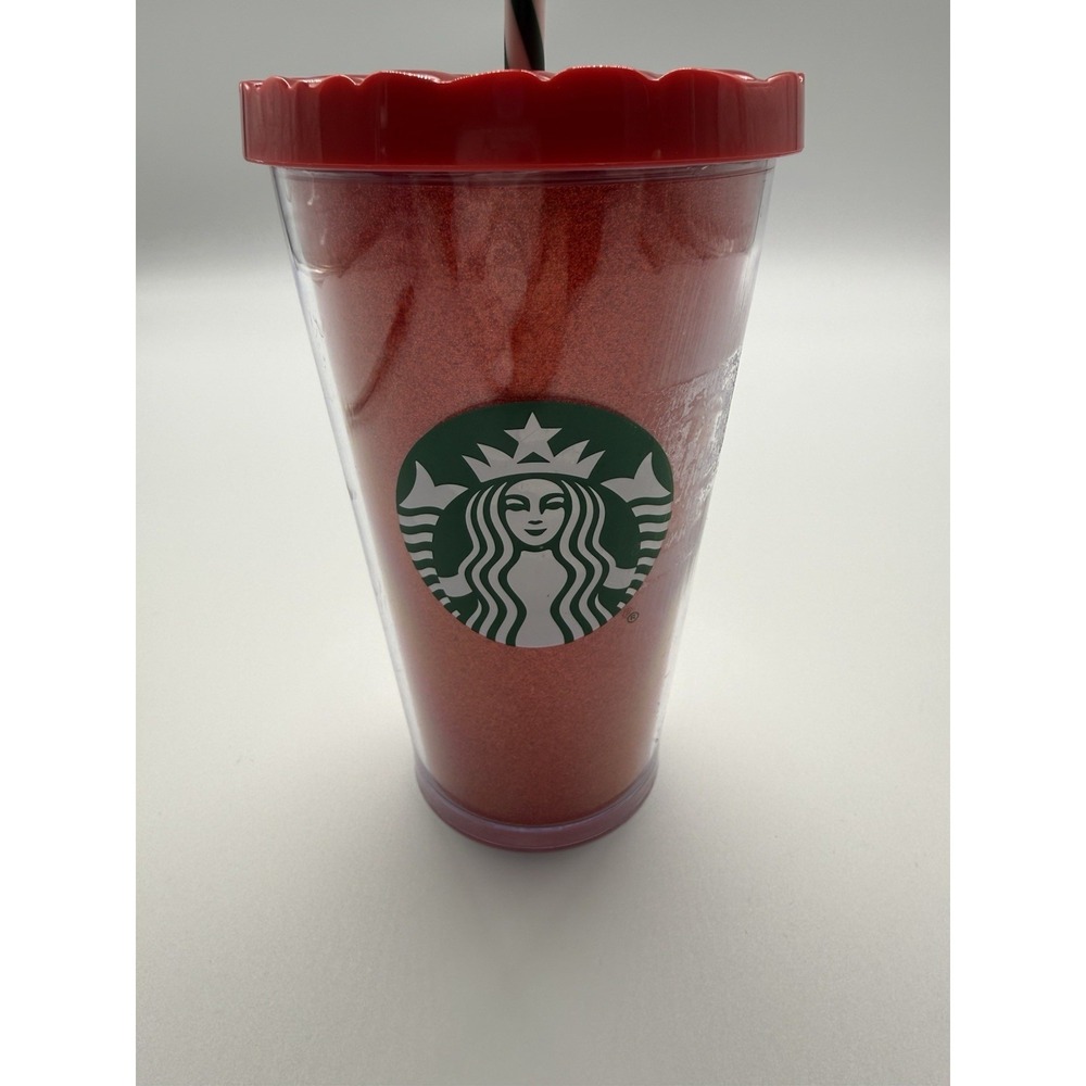 Starbucks Red Glitter Christmas Tumbler BPA free Green Stripe Straw‎ 16 oz